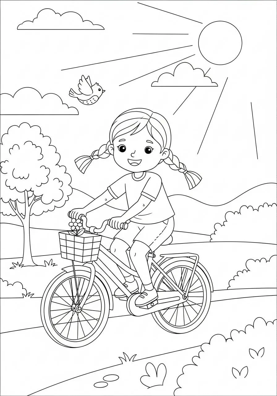 Desenho de Menina Andando de Bicicleta no Parque para Colorir