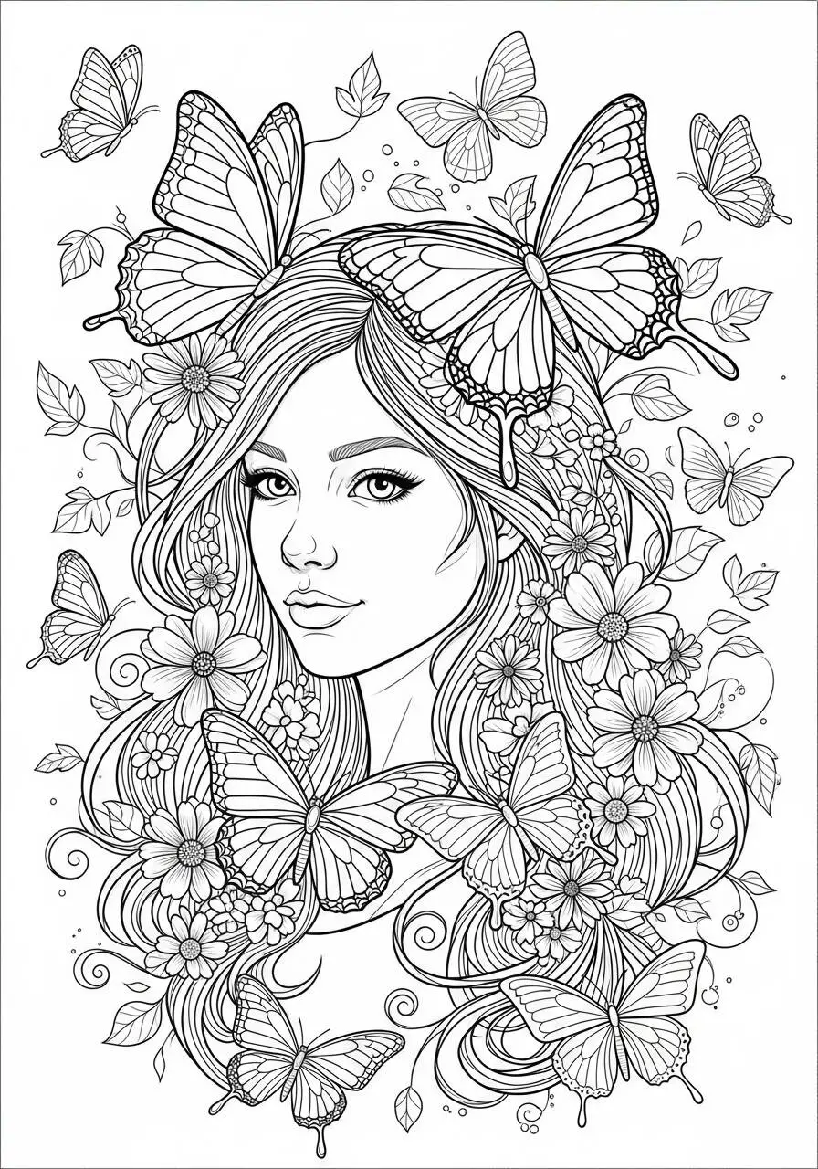 Desenho de Menina com Borboletas e Flores para Colorir