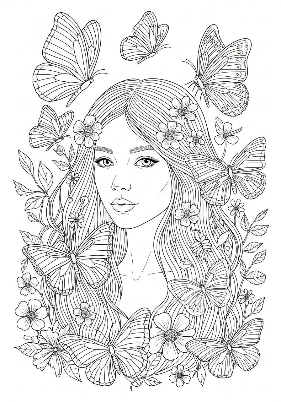 Desenho de Menina com Borboletas e Flores para Colorir