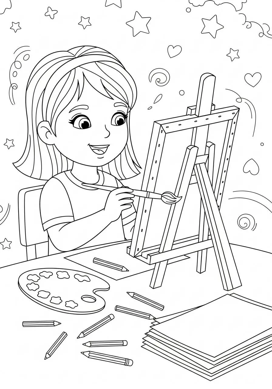 Desenho de Menina Artista Pintando para Colorir