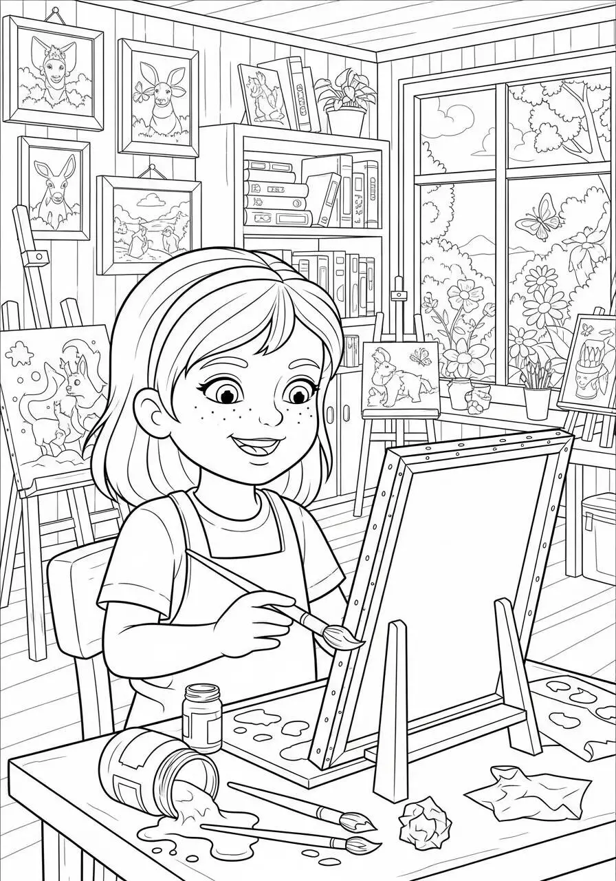 Desenho para Menina Pintando na Tela para Colorir