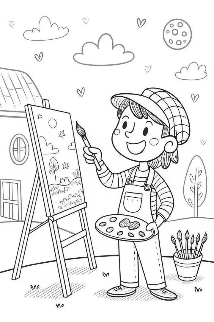 Boy Painting Outdoors Coloring Page