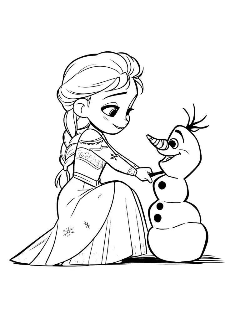 Princess Girl with Snowman Coloring Page