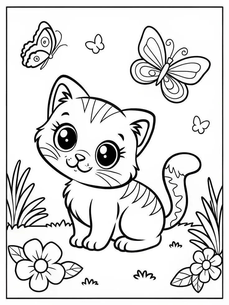 Girl with Kitten and Butterflies Coloring Page