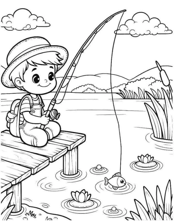 Boy Fishing in the Lake Coloring Page