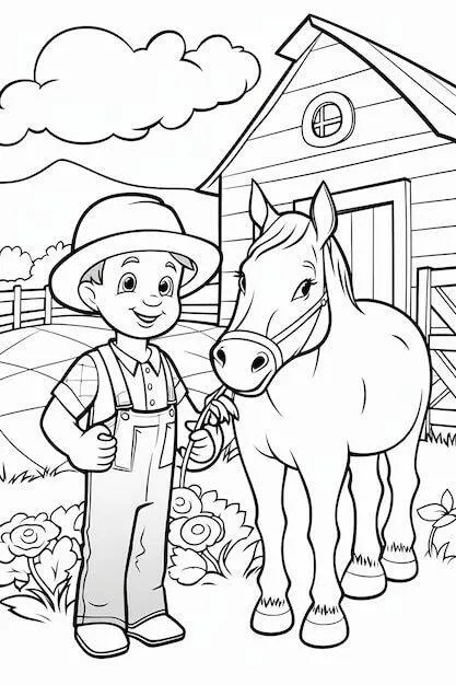 Farmer Boys Coloring Page with Horse