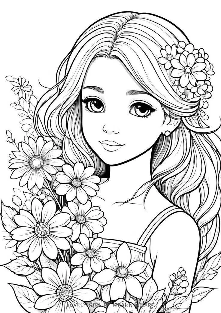 Desenho para Menina com Flores no Cabelo para Colorir