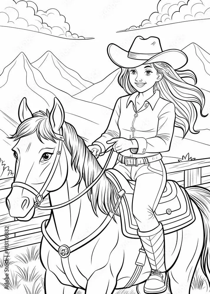 Desenho para Menina de Cowgirl Montando Cavalo para Colorir