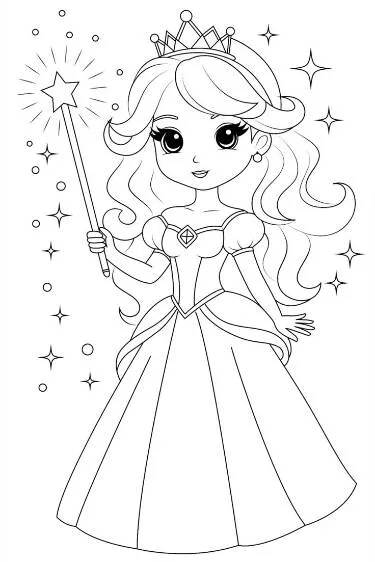 Desenho para Menina de Princesa Mágica com Varinha para Colorir