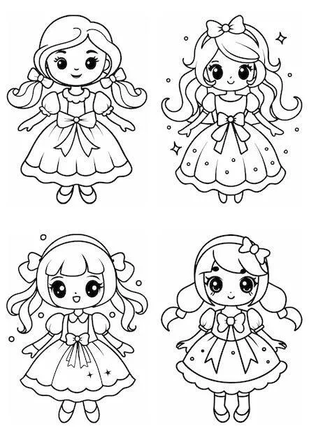 Desenho para Menina com Vestidos Elegantes e Laços para Colorir