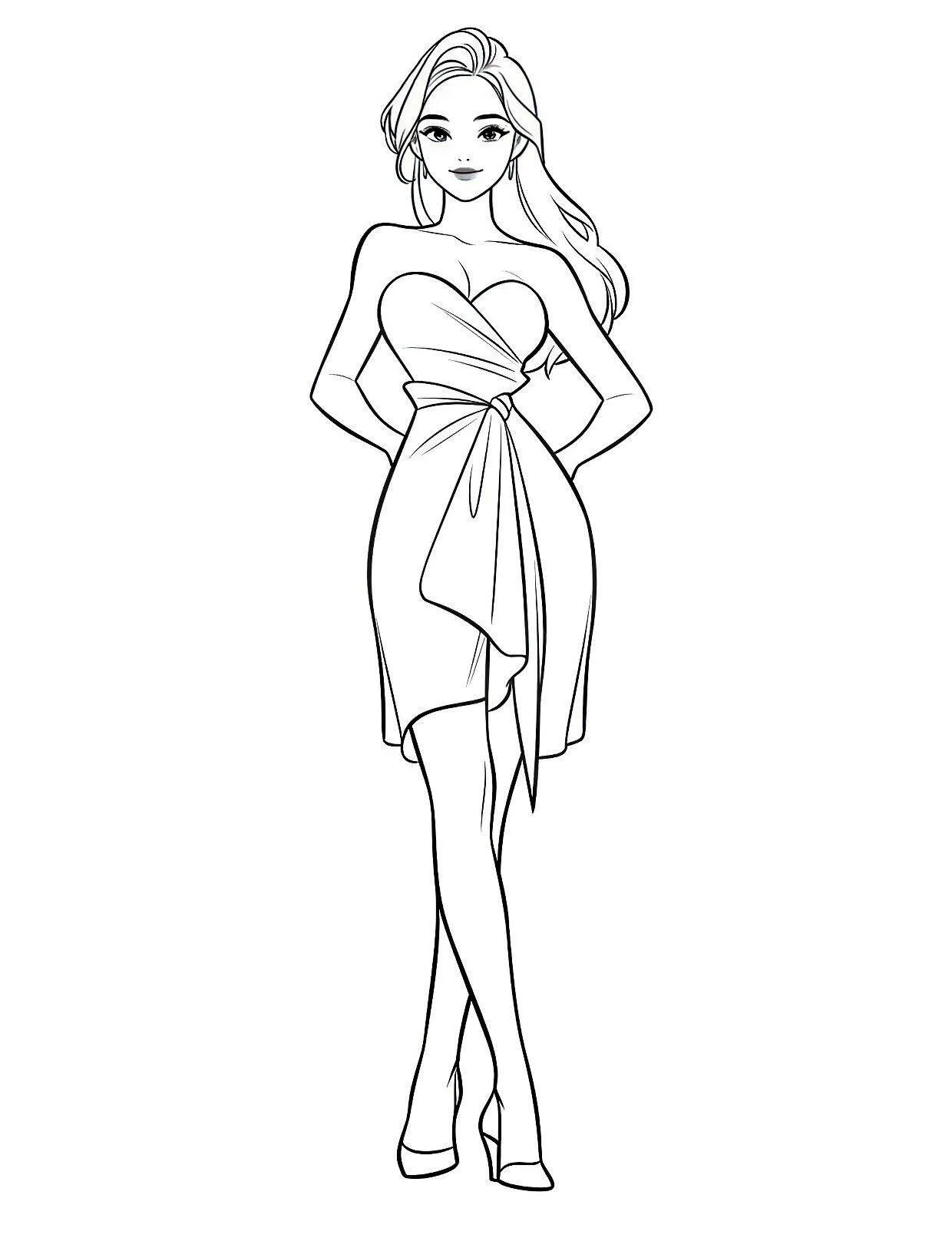 Desenho para Menina de Moda com Vestido Elegante para Colorir