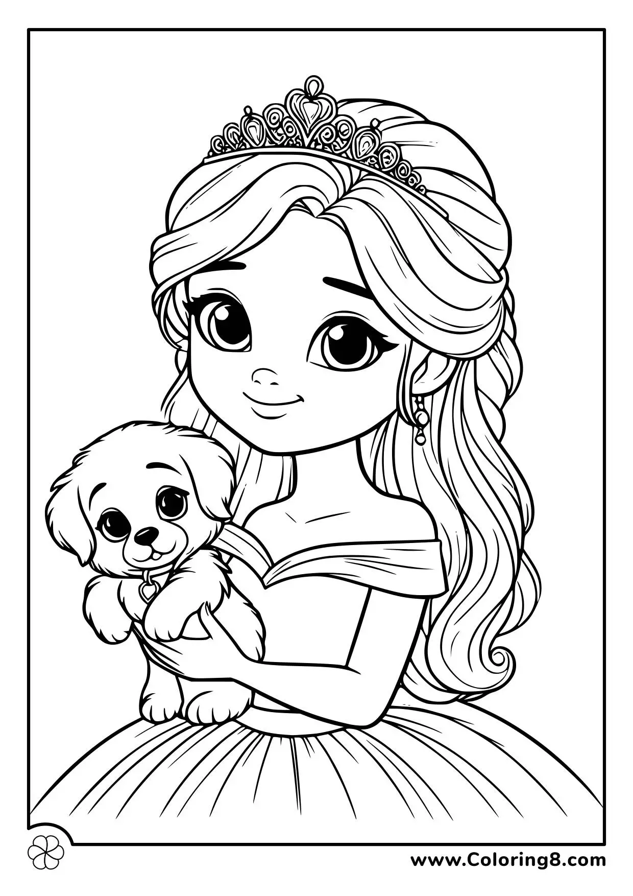 Desenho para Menina de Princesa com Cachorrinho para Colorir