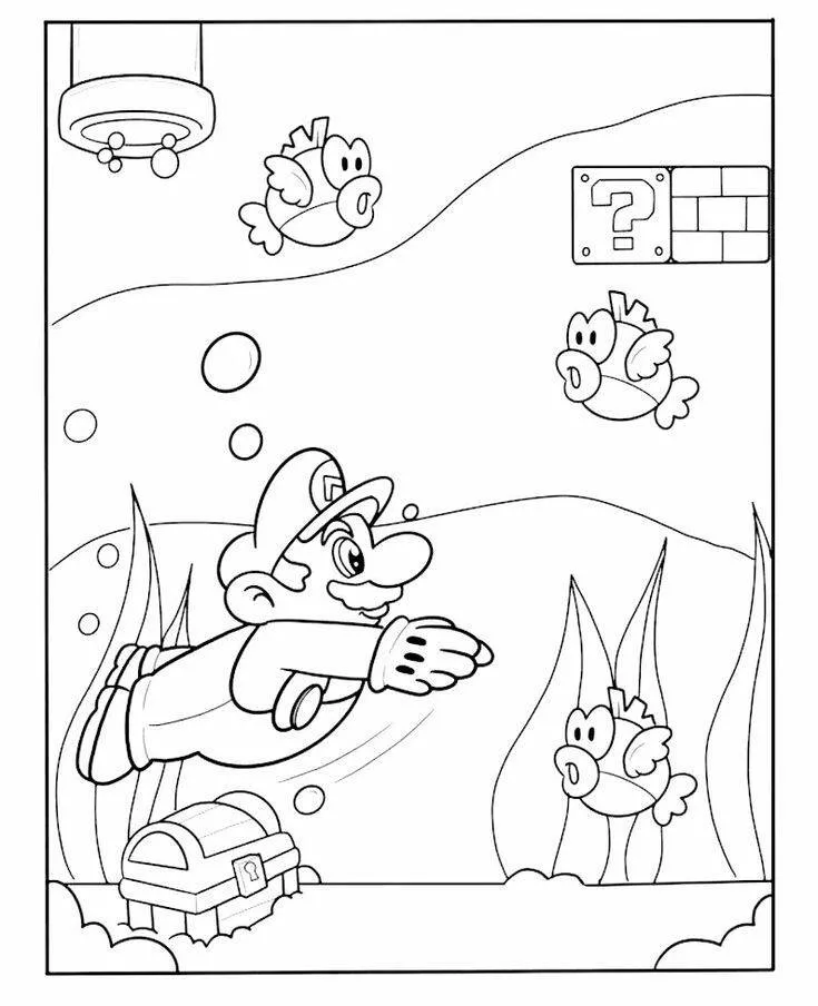 Desenho para Meninos de Mário em Aventura Subaquática para Colorir