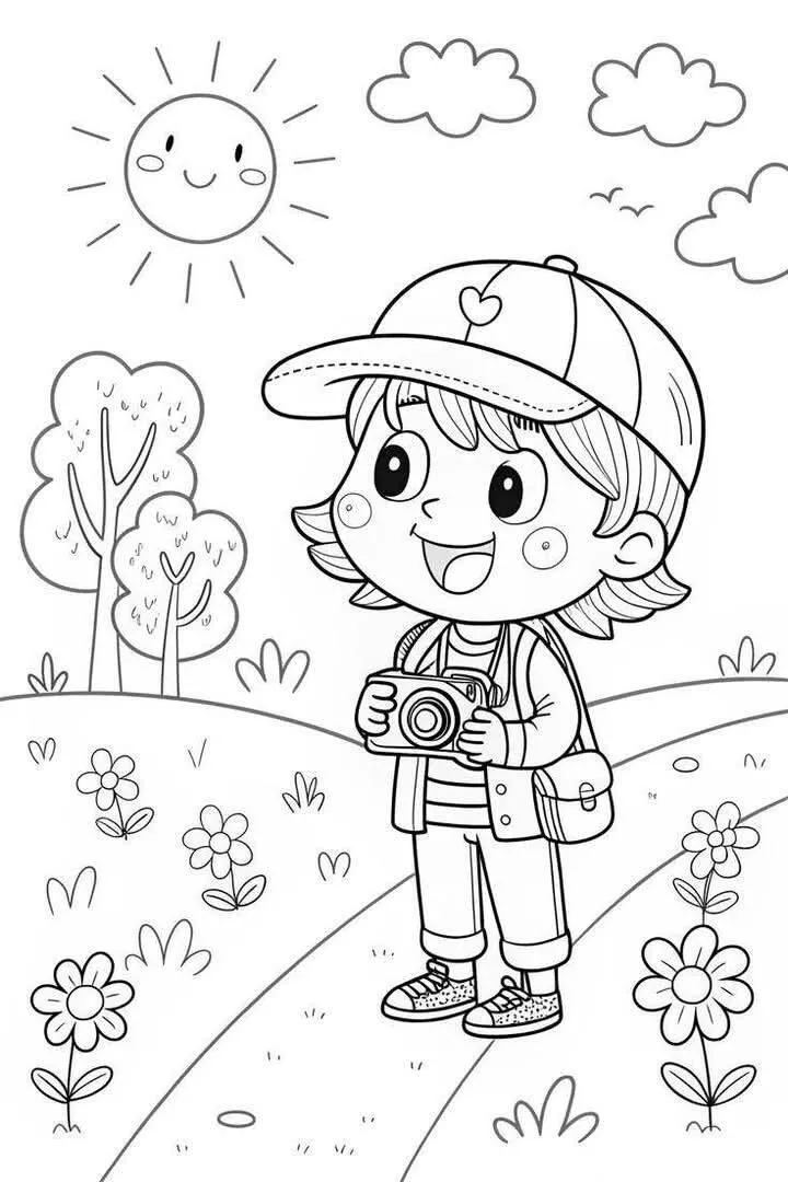 Desenho de Menino com Câmera para Colorir