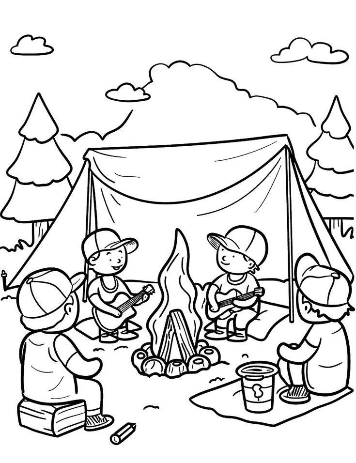 Desenho para Meninos Acampando ao Redor da Fogueira para Colorir