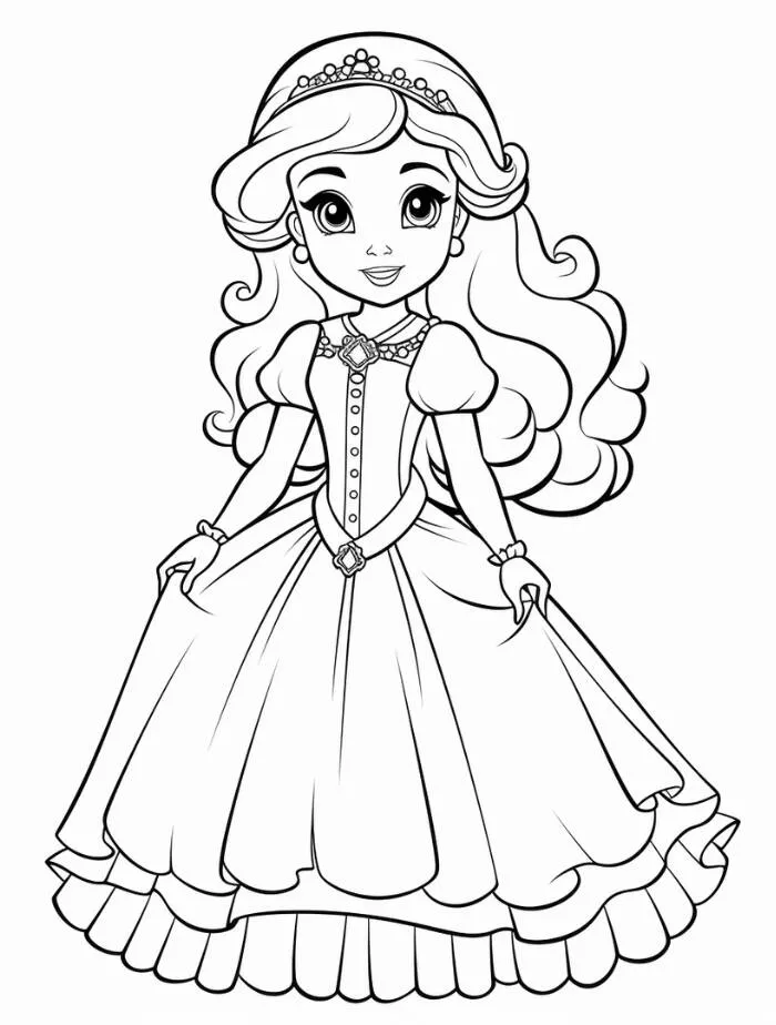Desenho para Menina de Princesa em Vestido Elegante para Colorir