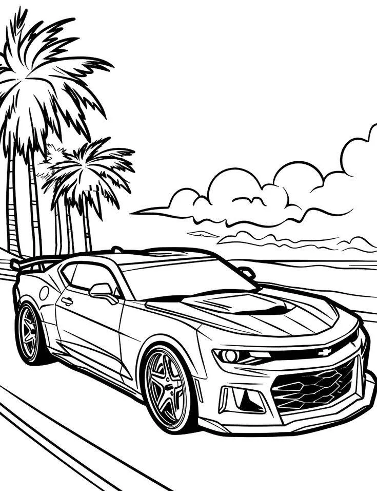 Desenho para Meninos de Carro Esportivo na Praia para Colorir