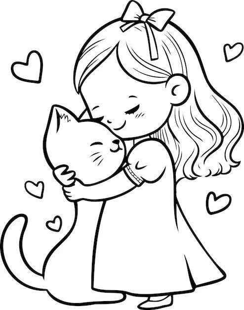 Desenho para Menina Abraçando seu Gatinho para Colorir