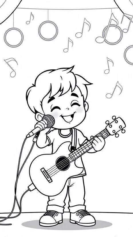 Desenho para Meninos Cantando com Violão para Colorir