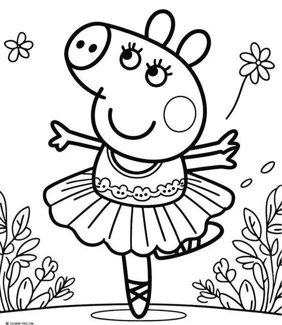 Drawing for Pig Girl Ballerina with Flowers to Color