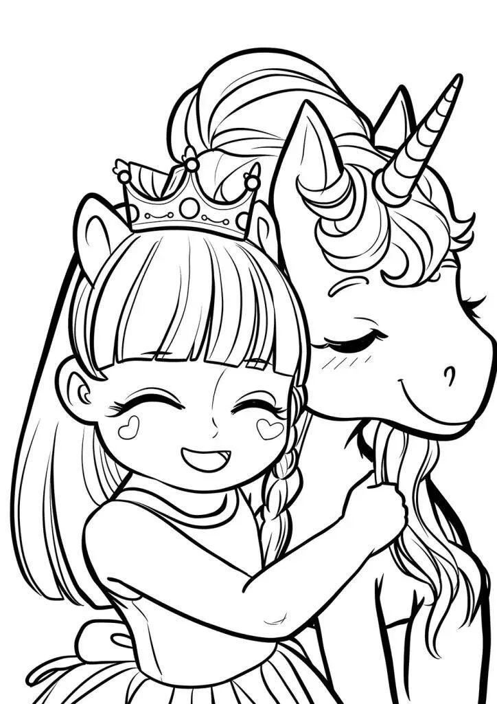 Coloring Page for Girl with Unicorn and Crown