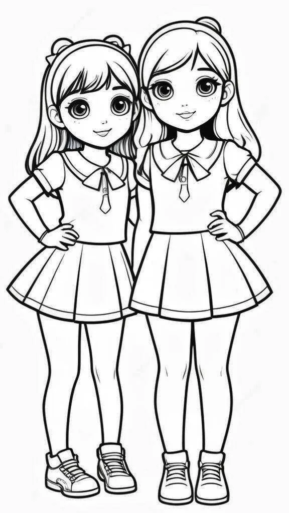 Coloring Page for Girls of Two Friends with Skirts