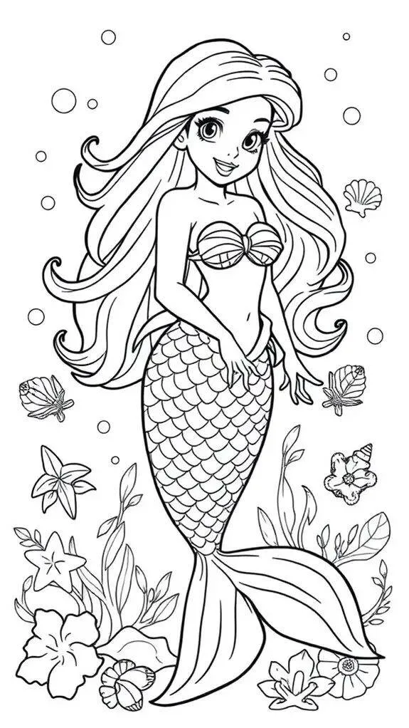 Desenho para Menina de Sereia Encantada com Flores para Colorir