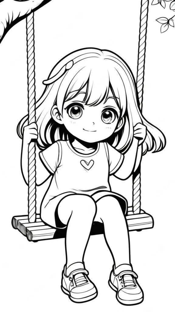Desenho para Menina Brincando no Balanço para Colorir