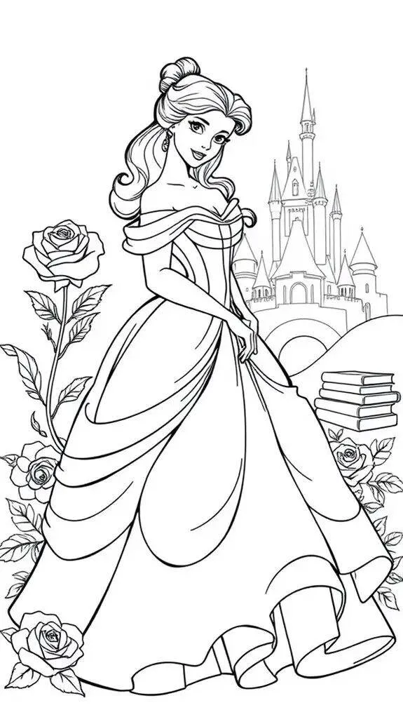 Desenho para Menina de Bela com Livros e Rosas para Colorir