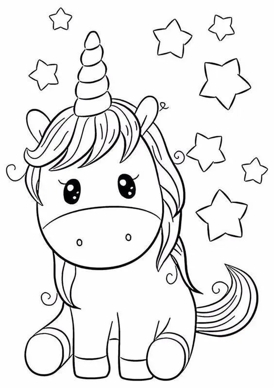 Desenho para Menina de Unicórnio Fofo com Estrelas para Colorir