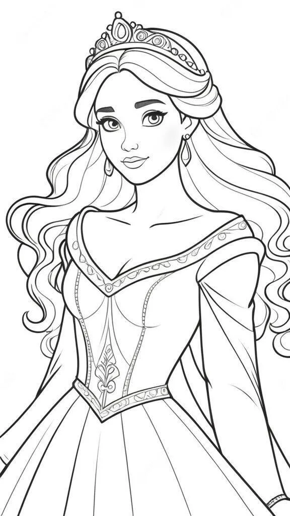 Desenho para Menina de Princesa com Vestido Elegante para Colorir