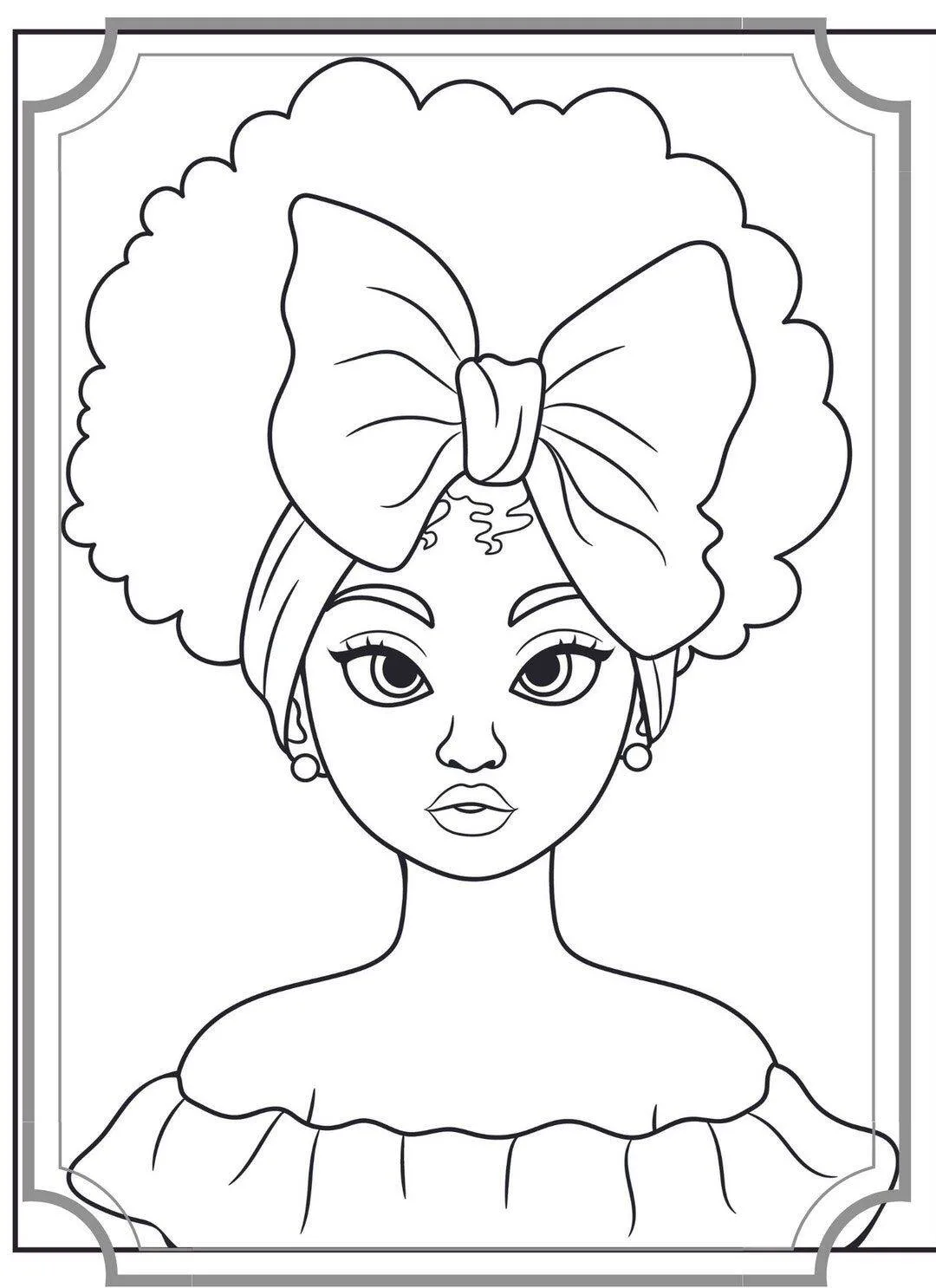 Desenho para Menina com Cabelo Cacheado e Laço para Colorir