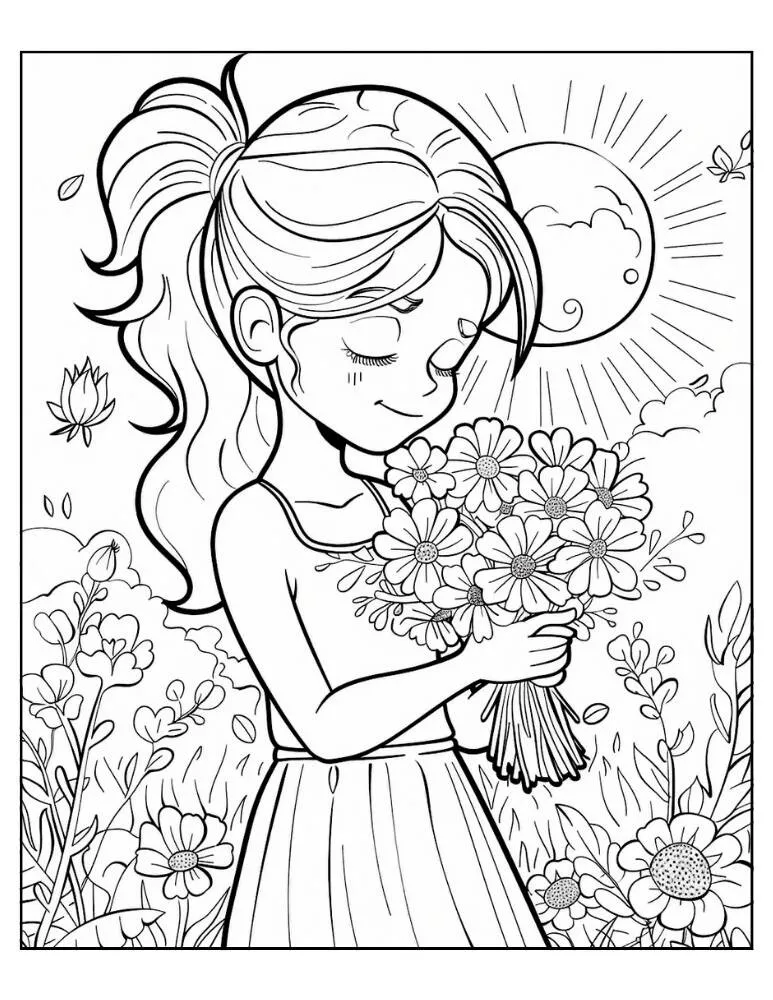Desenho para Menina com Flores e Sol para Colorir