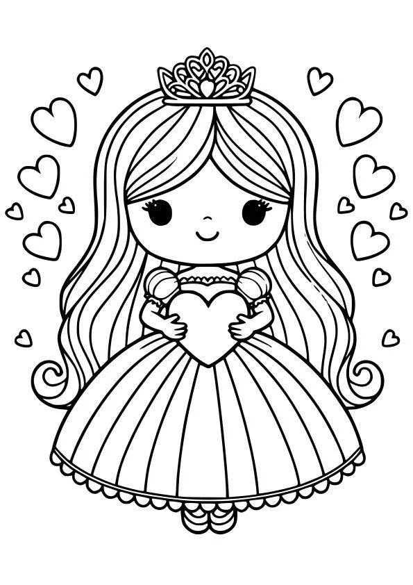 Desenho para Menina de Princesa com Coração e Coroa para Colorir