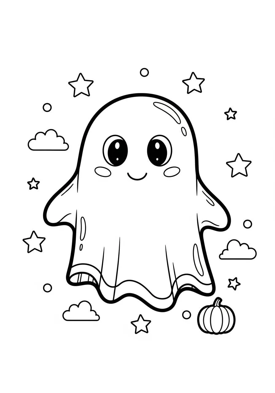 Cute Smiling Ghost with Pumpkin Coloring Page