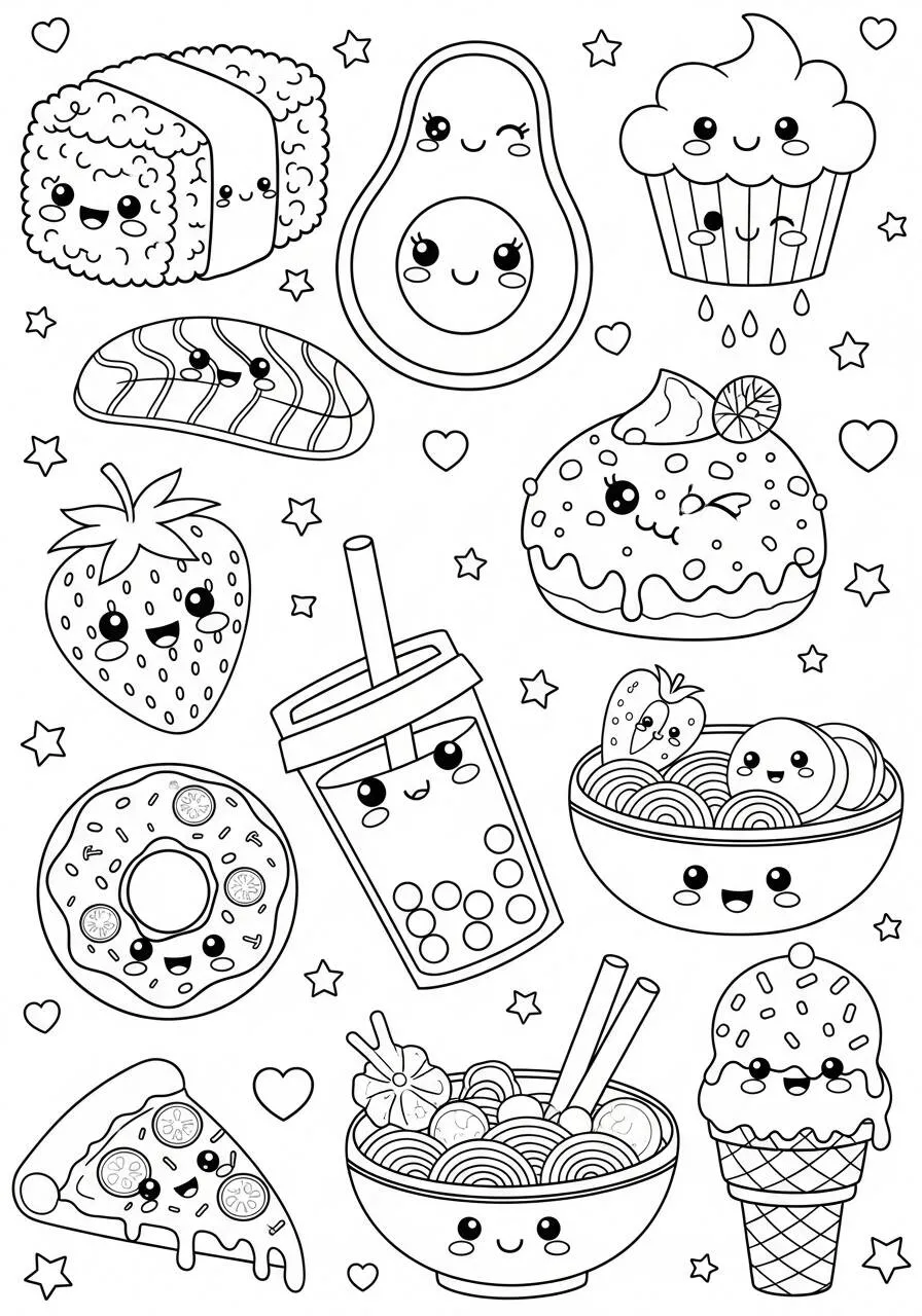 Süße Kawaii-Lebensmittel-Malseite
