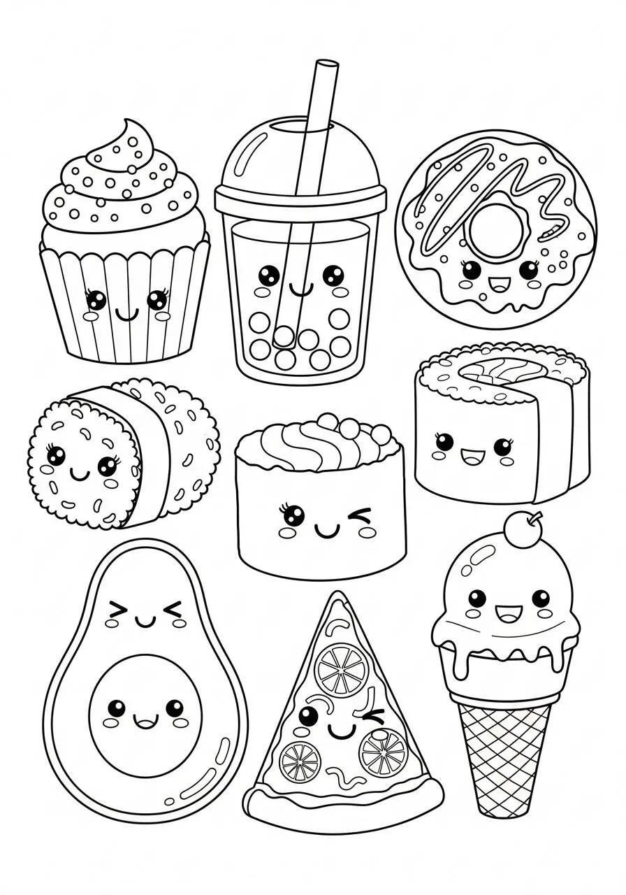 Cute Kawaii Sweets and Fruits Coloring Page