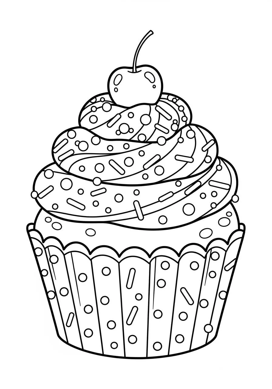 Cute Cupcake with Cherry Coloring Page