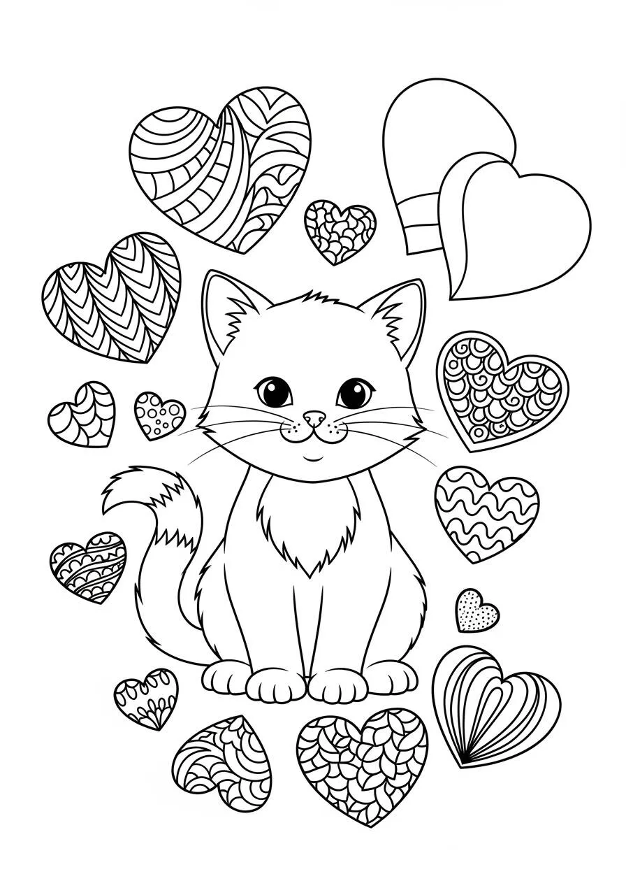 Cute Kitten with Hearts Coloring Page