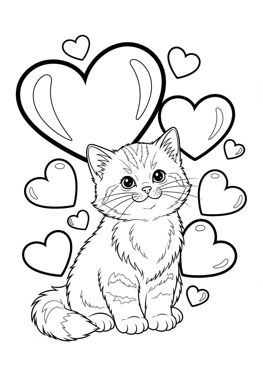Cute Kitten with Hearts Coloring Page