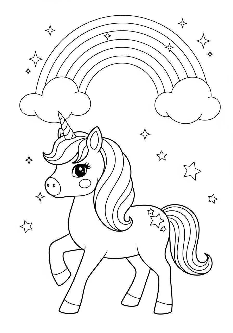 Cute Kawaii Unicorn with Rainbow Coloring Page