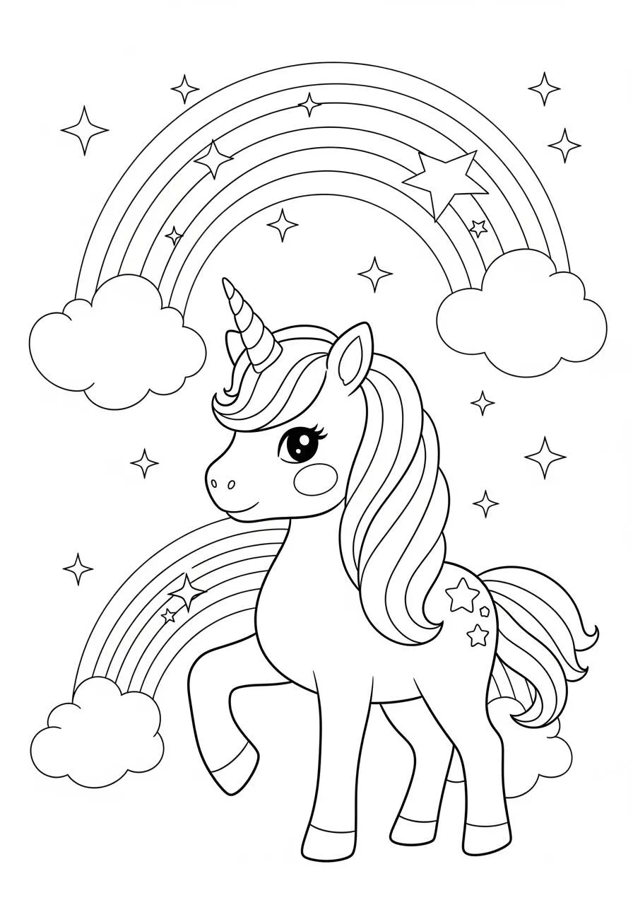 Desenho Fofo de Unicórnio com Arco Íris para Colorir