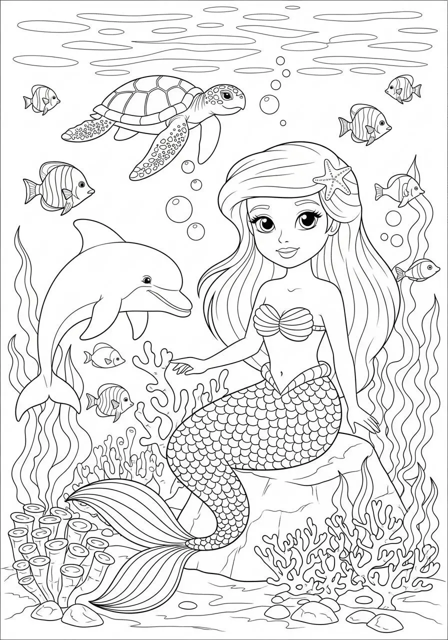 Coloriage sirène mignonne avec poisson