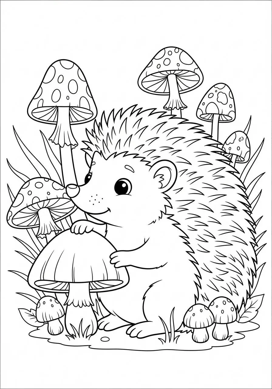 Cute Hedgehog with Mushrooms Coloring Page