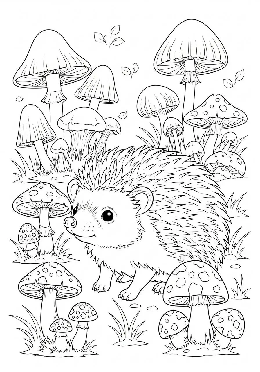 Cute Hedgehog with Mushrooms Coloring Page