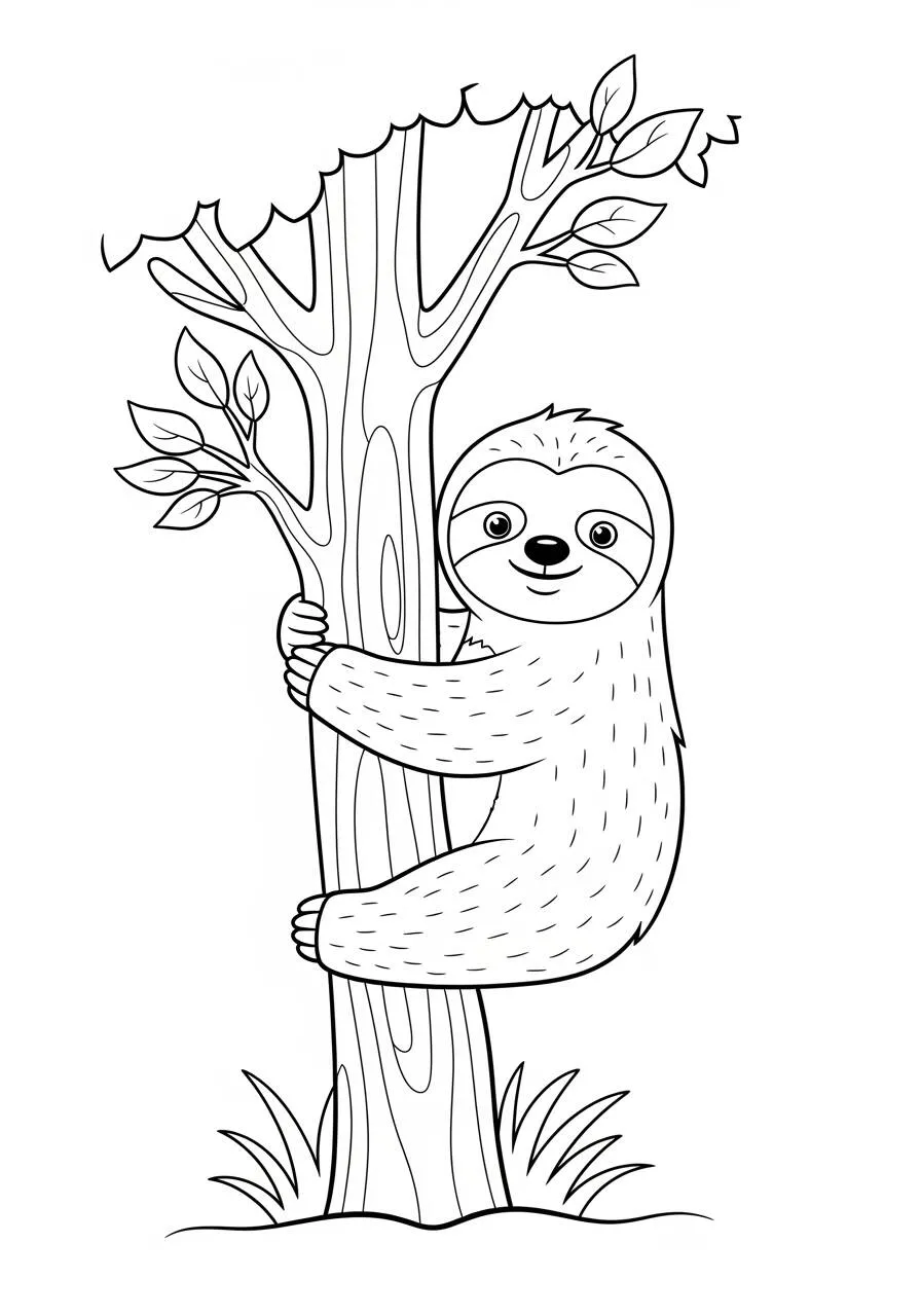 Cute Sloth Hugging Tree Coloring Page