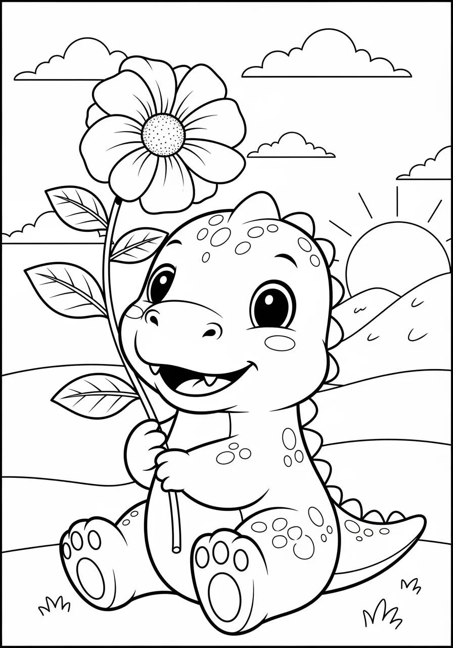 Lindo dinosaurio con flor para colorear página