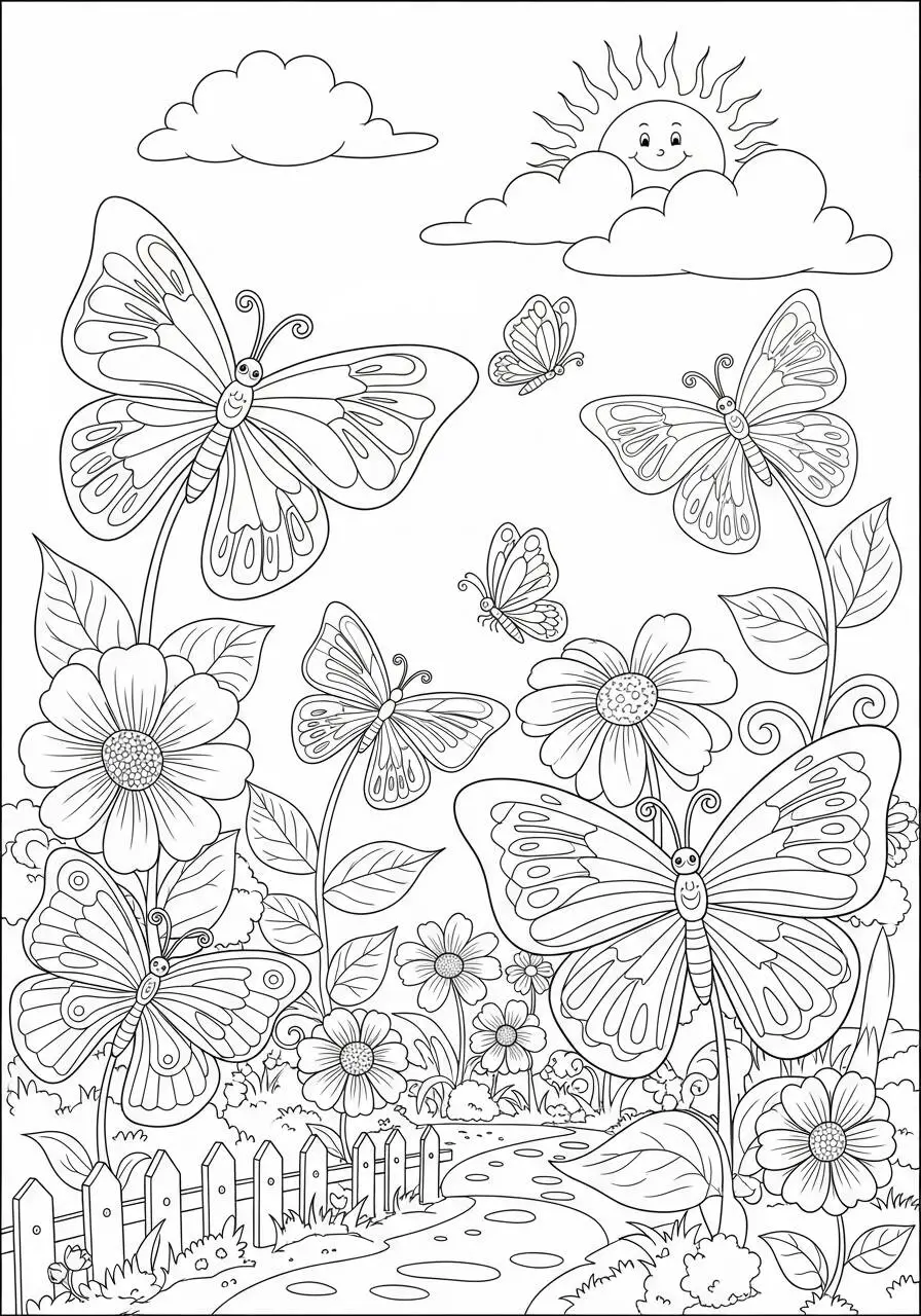 Cute Butterflies and Flowers Coloring Page