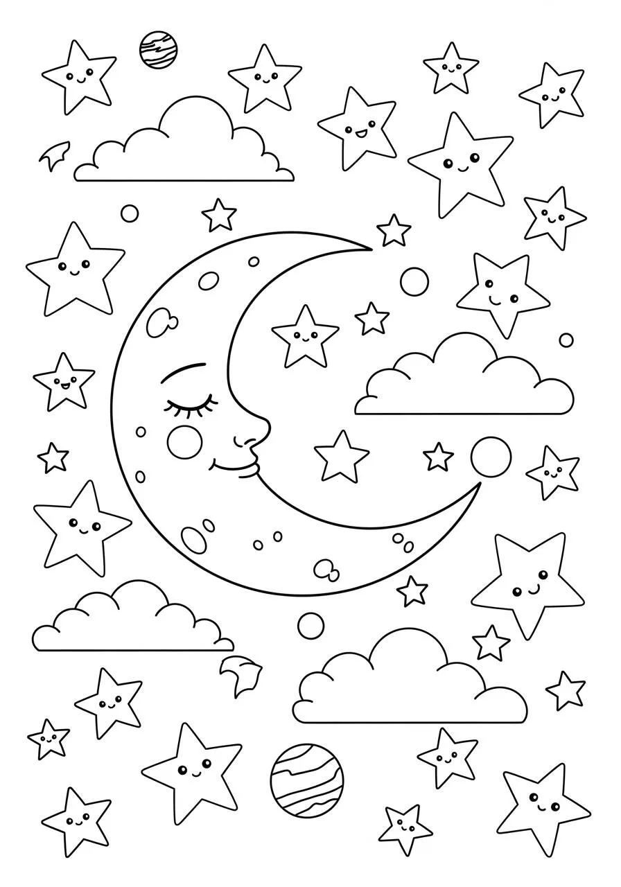 Cute Smiling Moon with Stars and Clords Coloring Page