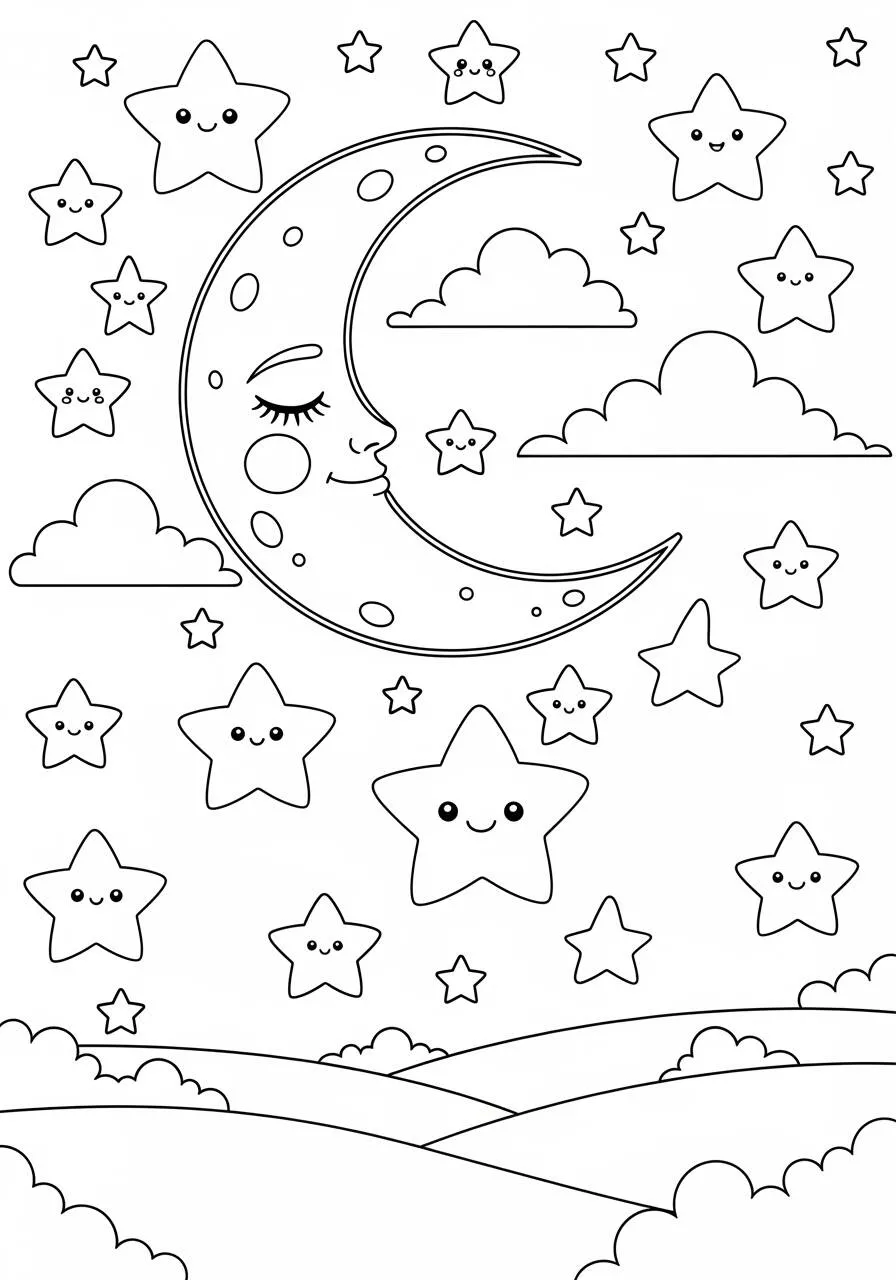 Cute Smiling Moon with Stars Coloring Page